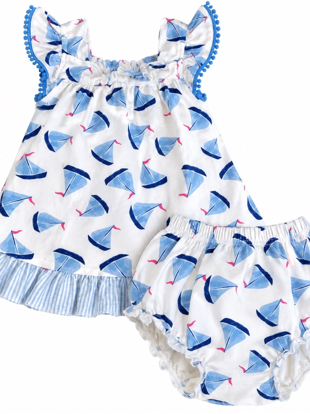 crown & ivy White Sailboat Dress with Blue Trim & Matching Bloomers